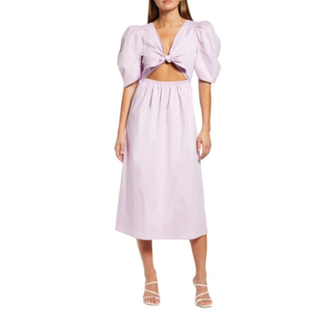 WAYF Peggy Twist Cutout Puff Sleeve A-Line Midi Dress Cotton Blend Party XS